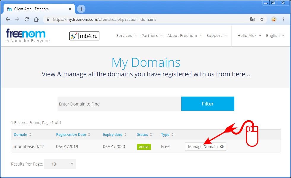 Где находится Менеджер домена (Manage Domain) на сайте www.Freenom.com