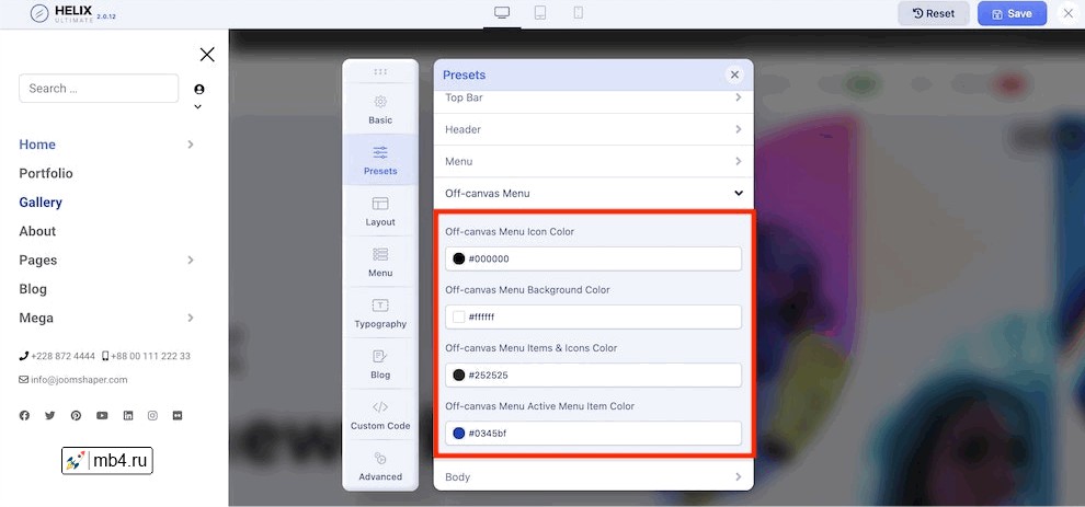 изменение цветов для мобильных устройств в Helix Ultimate изменение цветов для мобильных устройств в шаблоне Helix Ultimate