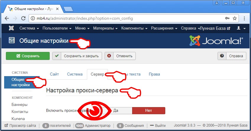 Внешний вид «Настройки прокси-сервера» в админке Joomla 3 (картинкой)